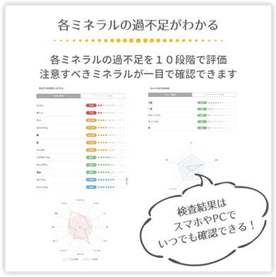 各ミネラルの過不足がわかる