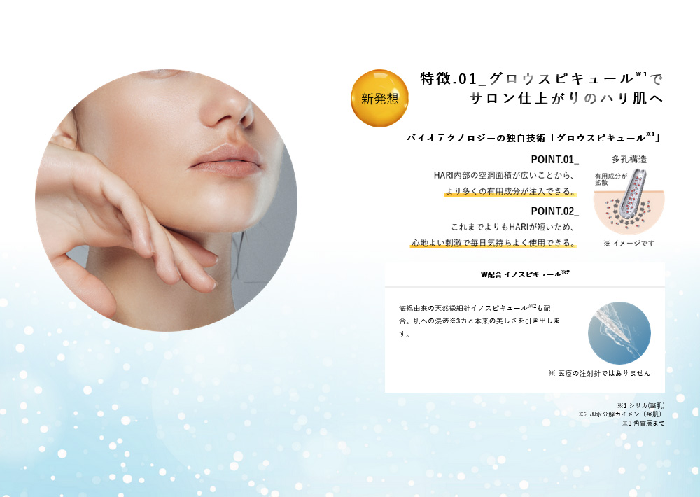 特徴.01_グロウスピキュールでサロン仕上がりのハリ肌へ