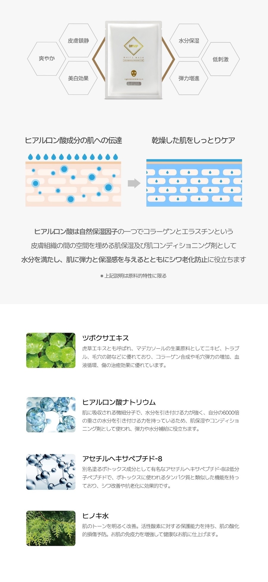 ツボクサエキス、ヒアルロン酸ナトリウム、アセチルヘキサペプチド-8、ヒノキ水
