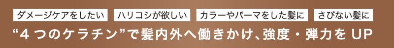 4つのケラチンで髪内外へ働きかけ、強度・弾力をUP