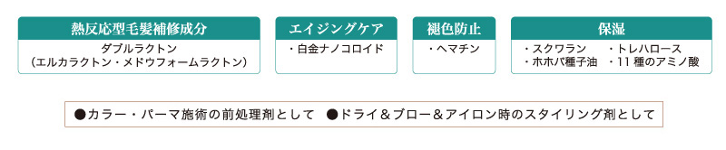 ノンシリコン カラー・パーマ施術の前処理剤として。ドライ&ブロー&アイロン時にスタイリング剤として