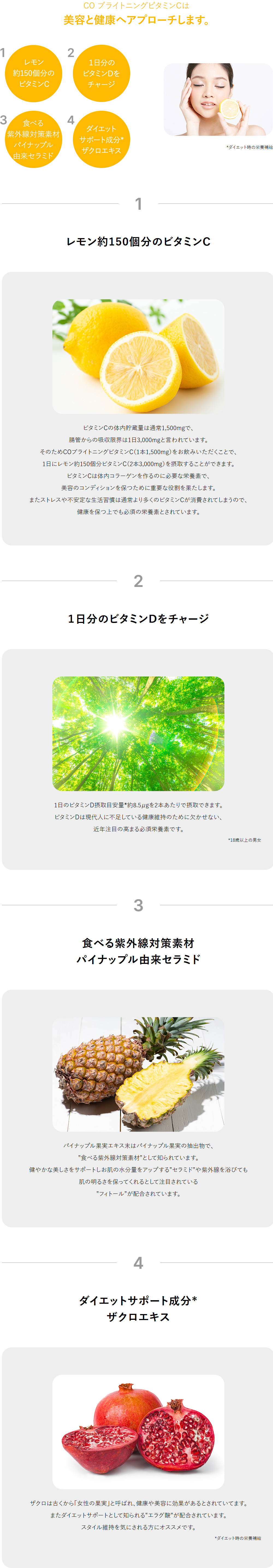 CO ブライトニングビタミンCは美容と健康へアプローチします。