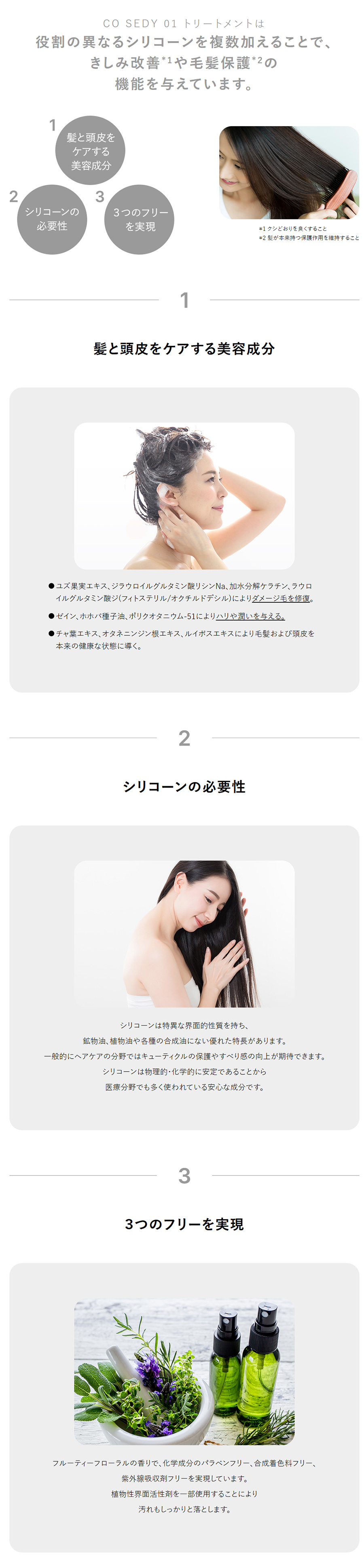 CO SEDY 01 トリートメントは役割の異なるシリコーンを複数加えることで、きしみ改善*1や毛髪保護*2の機能を与えています。
