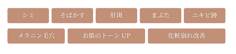 シミ、そばかす、肝斑、まぶた、ニキビ跡、メラニン毛穴、お肌のトーンup、化粧崩れ改善